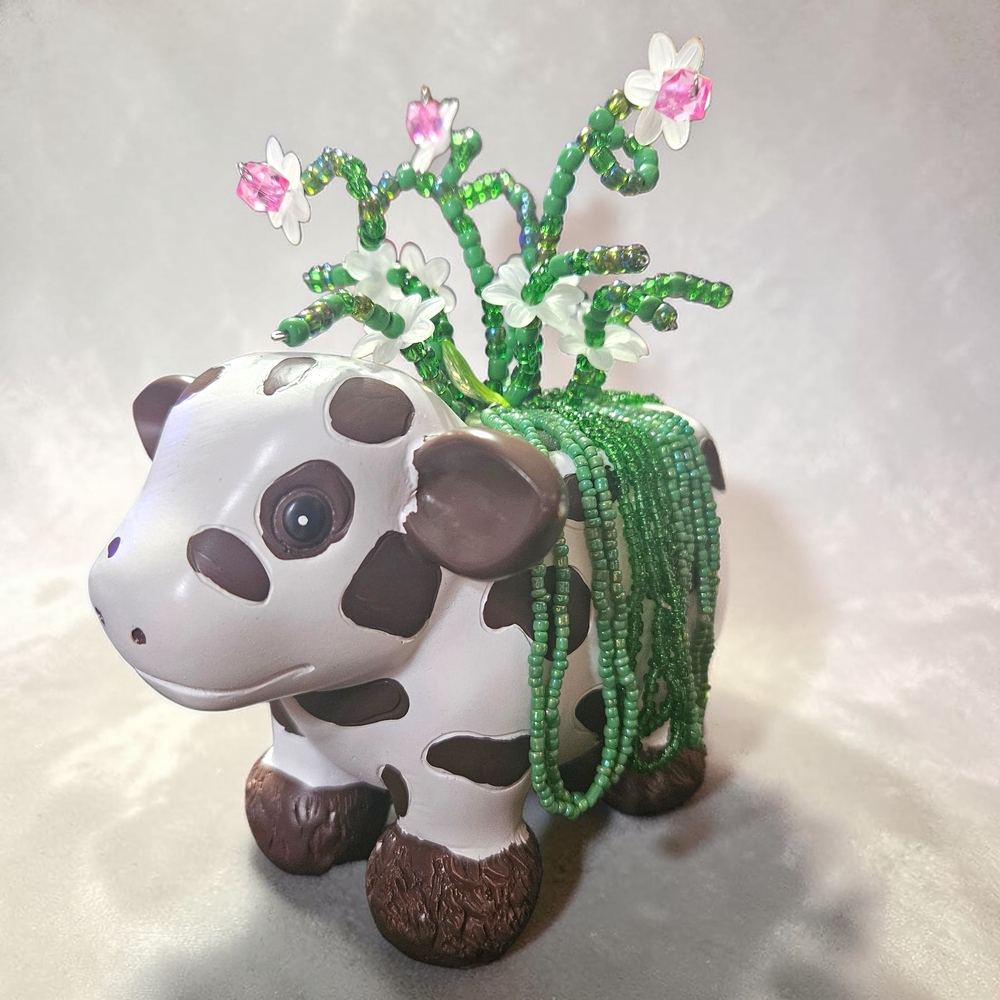 Spotted Cow Planter with Beaded Flowers, 5" tall by 5" wide, Office Desk Gifts